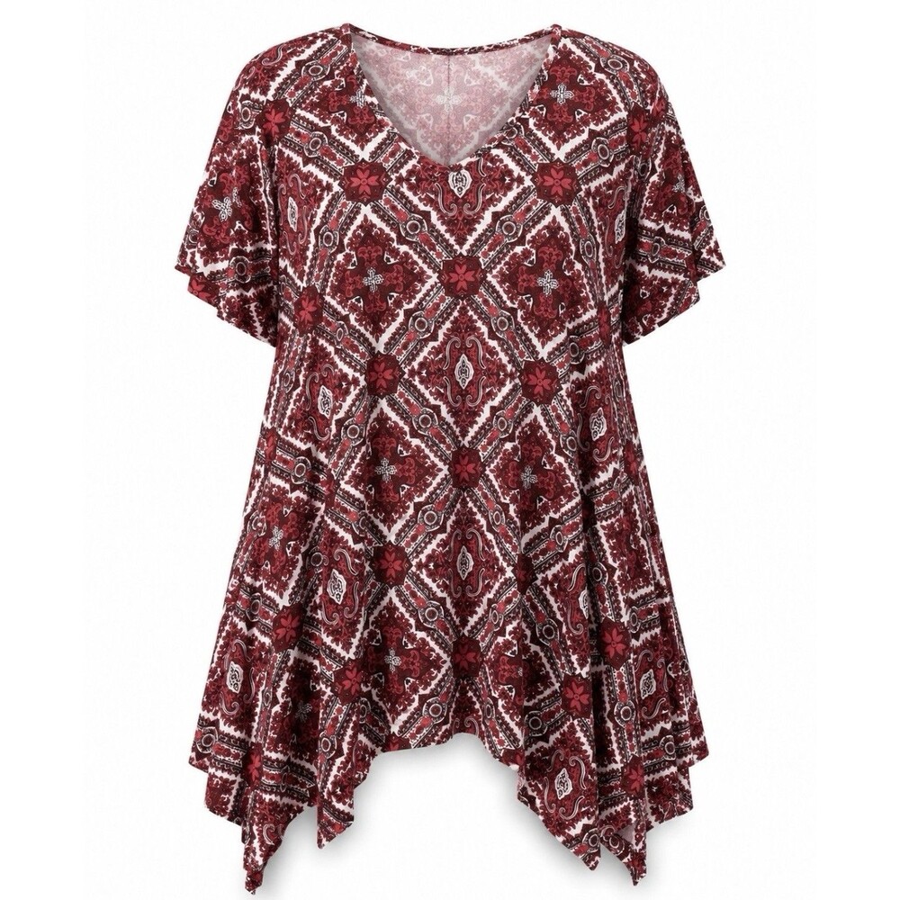 LARACE Womens 2 Pack Plus Size 4X Tunic Tops Red And Cream Paisley Short Sleeve